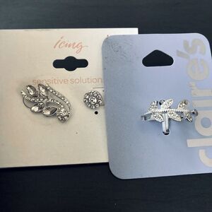 NWT Unique Silver Crystal Earrings & Leaves Ring Set